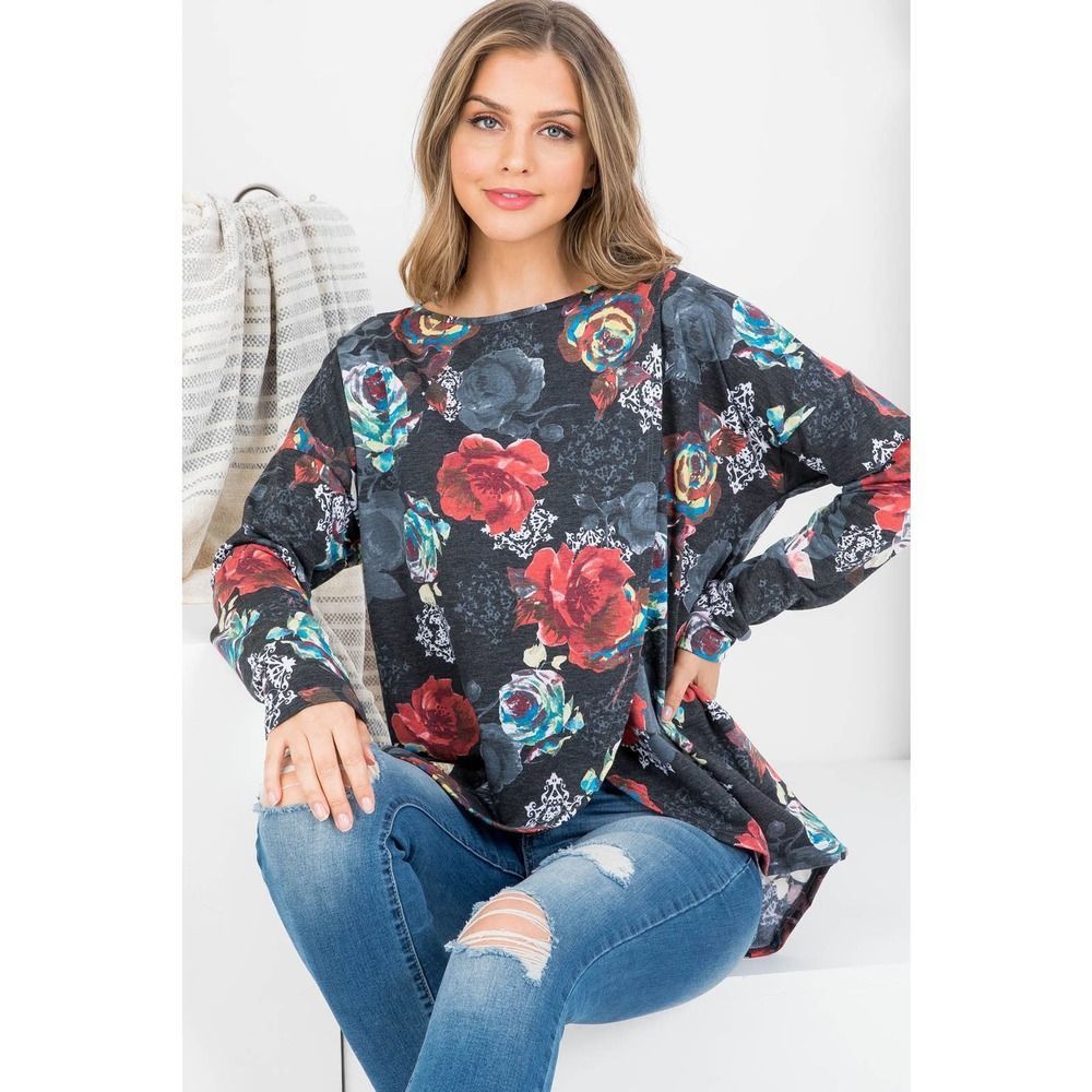 Black Floral Wrap Front Tunic Top - Picture 7 of 9